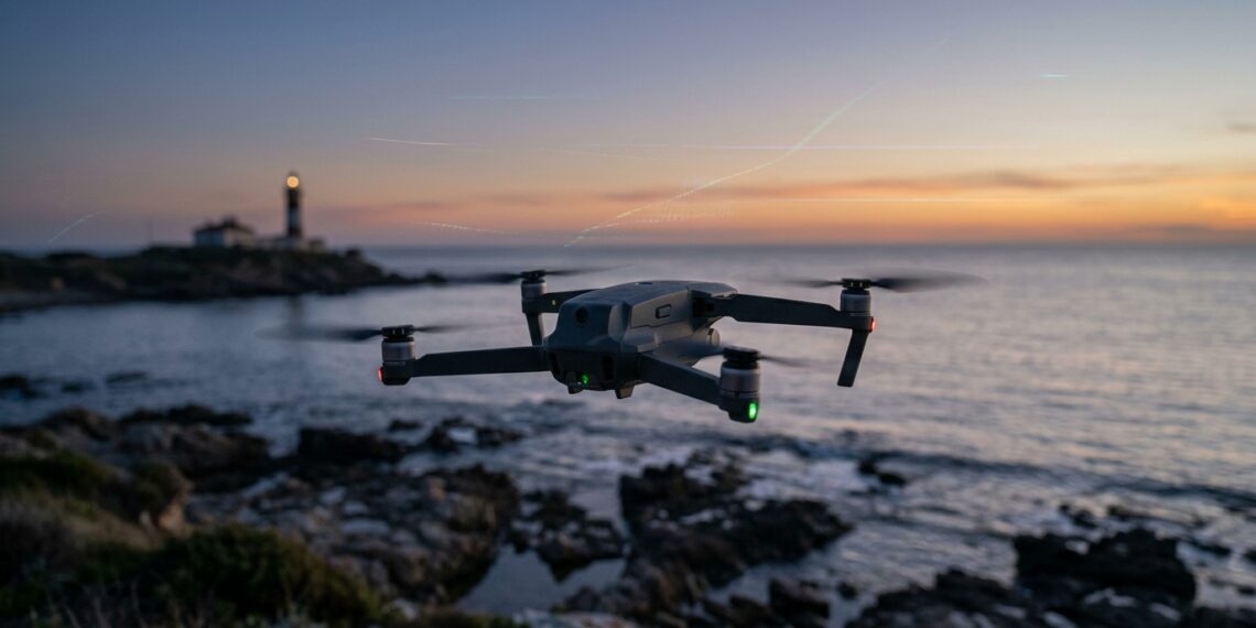 Drone compact en vol au crépuscule au-dessus d’une côte rocheuse, phare en arrière-plan