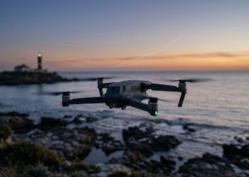 Drone compact en vol au crépuscule au-dessus d’une côte rocheuse, phare en arrière-plan