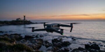 Drone compact en vol au crépuscule au-dessus d’une côte rocheuse, phare en arrière-plan
