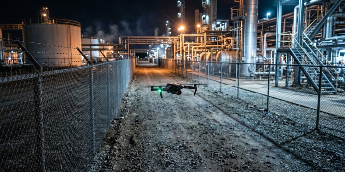 Petit drone volant de nuit le long de la clôture grillagée d’un site industriel éclairé (illustration)