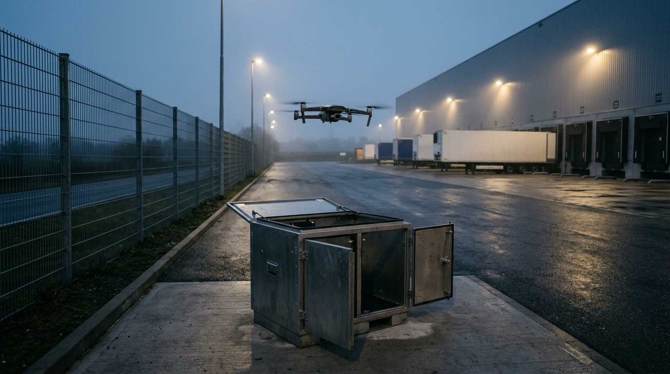 Drone de surveillance de site au-dessus de sa station, dans la cour clôturée d’un entrepôt logistique à l’aube (illustration)