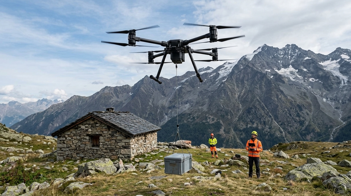 Drone de transport de charge à rotors coaxiaux en vol stationnaire au-dessus d’un alpage, une caisse suspendue au câble de son treuil près d’un refuge en pierre