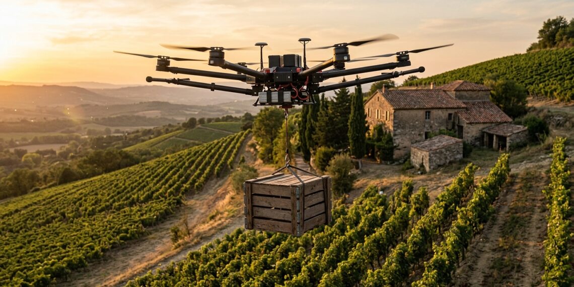 Drone de transport de charge : gros multirotor portant une caisse en bois suspendue au-dessus d’un vignoble en pente au coucher du soleil (illustration)