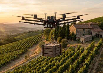 Drone de transport de charge : gros multirotor portant une caisse en bois suspendue au-dessus d’un vignoble en pente au coucher du soleil (illustration)