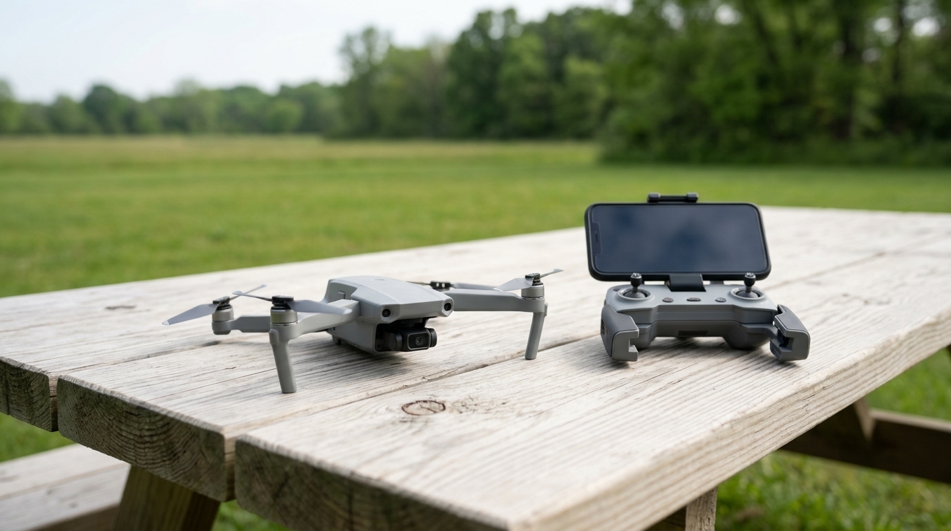 Drone débutant de moins de 250 g posé sur une table en bois à côté de sa radiocommande, avant un premier vol