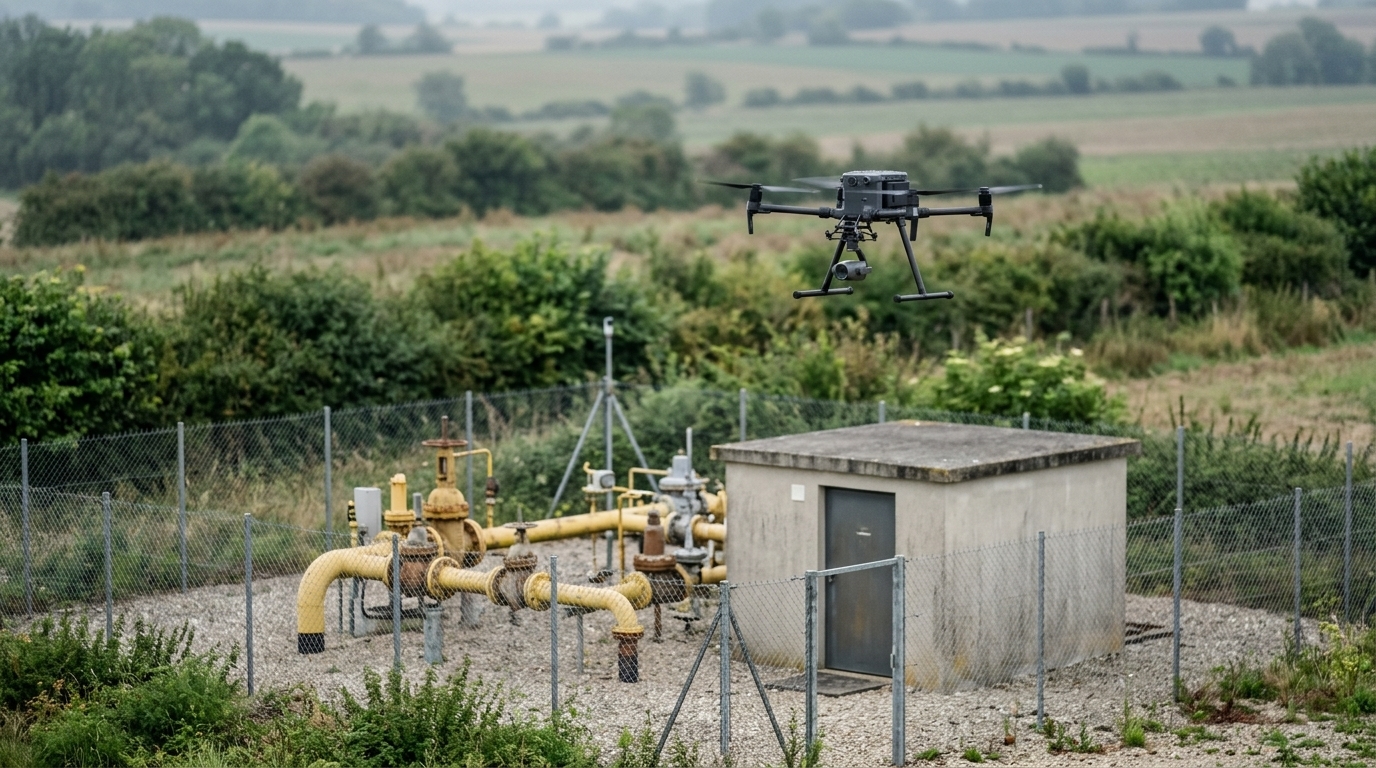 Drone détecteur de gaz en vol stationnaire au-dessus des canalisations d’un poste gazier, capteur suspendu sous la coque (illustration)