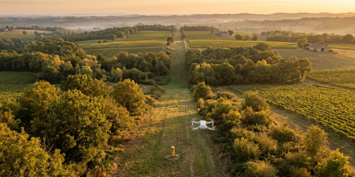 Petit drone volant au ras d’un tracé de gazoduc enherbé, entre vignes et bois, au soleil couchant