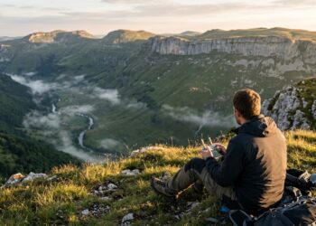Télépilote assis sur une crête, radiocommande en main, drone au-dessus d'une vallée encaissée (illustration)