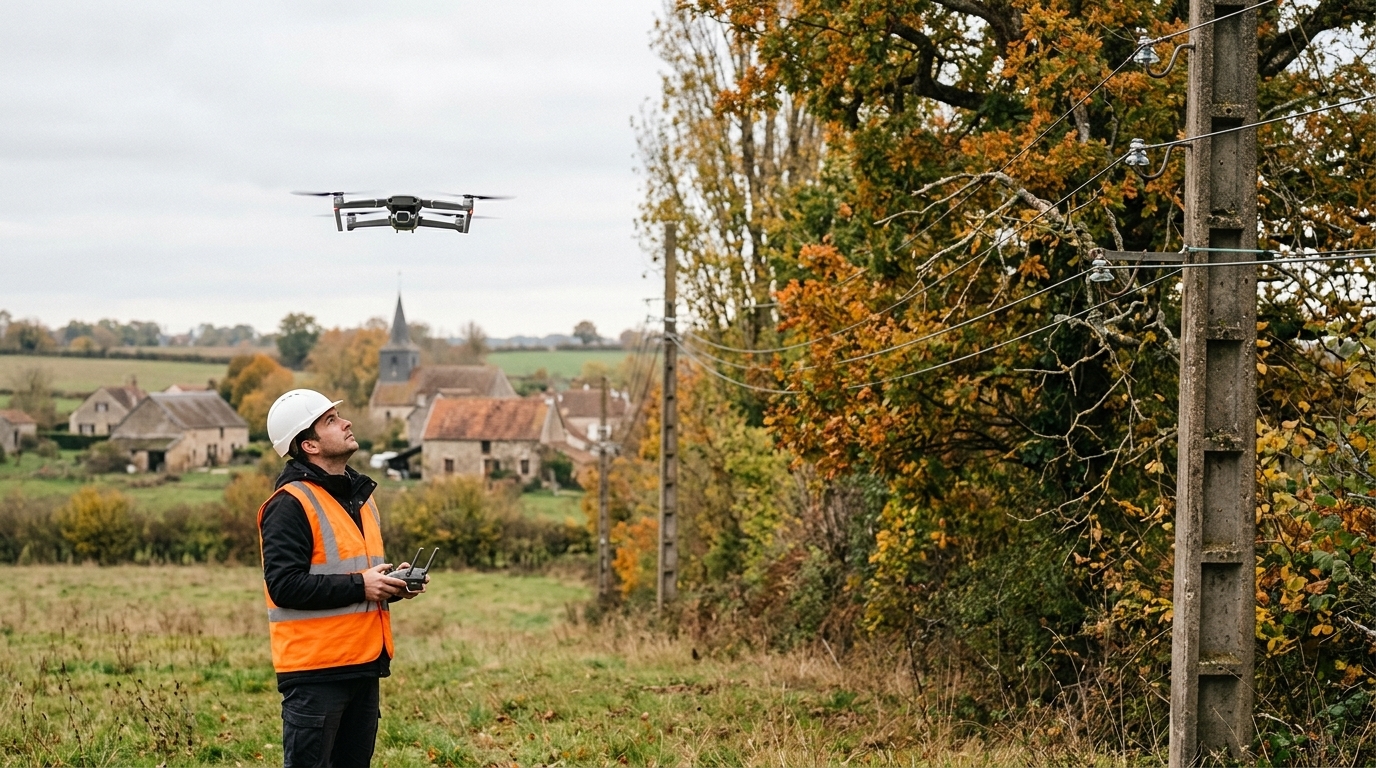 Drone Enedis : un télépilote en gilet orange guide un drone gris près d’une ligne moyenne tension bordée d’arbres, à l’entrée d’un village (illustration)