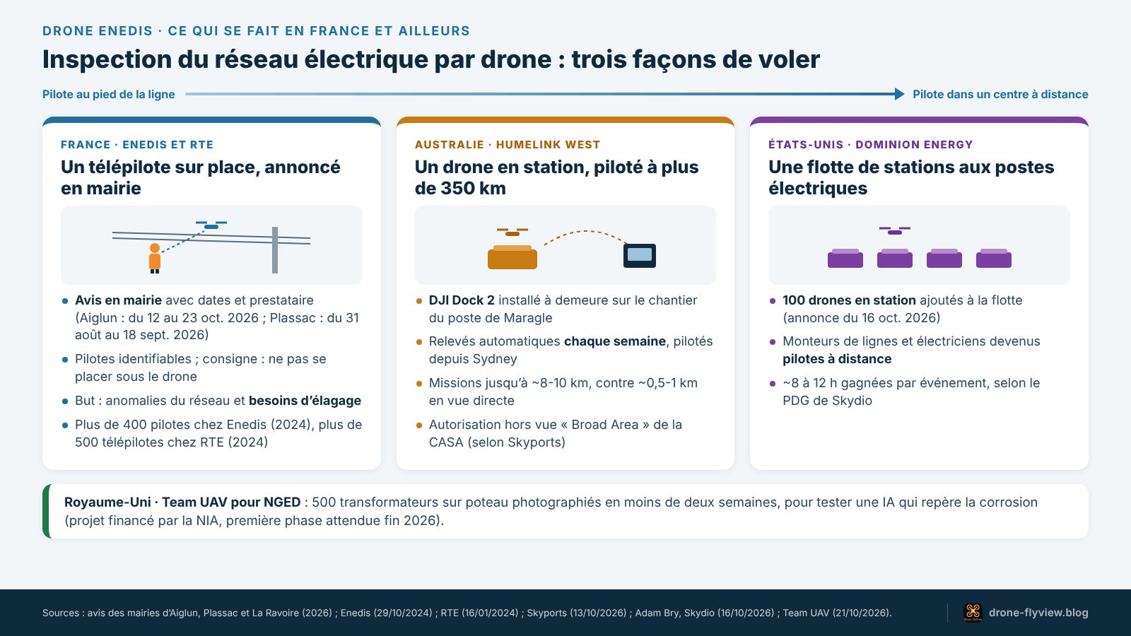 Schéma comparant trois façons de mener l’inspection du réseau électrique par drone : télépilote sur place en France, drone en station piloté à plus de 350 km en Australie, flotte de 100 stations aux États-Unis