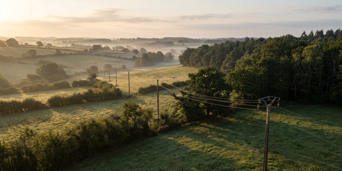 Ligne électrique moyenne tension traversant un bocage au lever du soleil, avec un petit drone qui longe les câbles