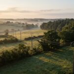Ligne électrique moyenne tension traversant un bocage au lever du soleil, avec un petit drone qui longe les câbles
