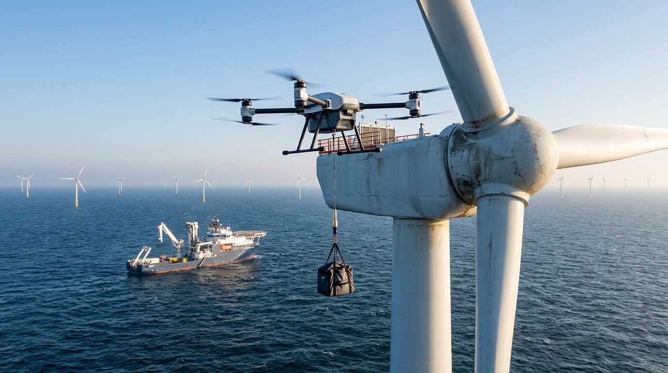 Drone éolien offshore livrant un sac de matériel à la nacelle d'une éolienne en mer, navire de service en arrière-plan