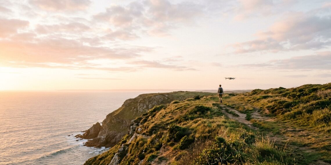Randonneur sur un sentier de falaise au lever du soleil, suivi par un petit drone