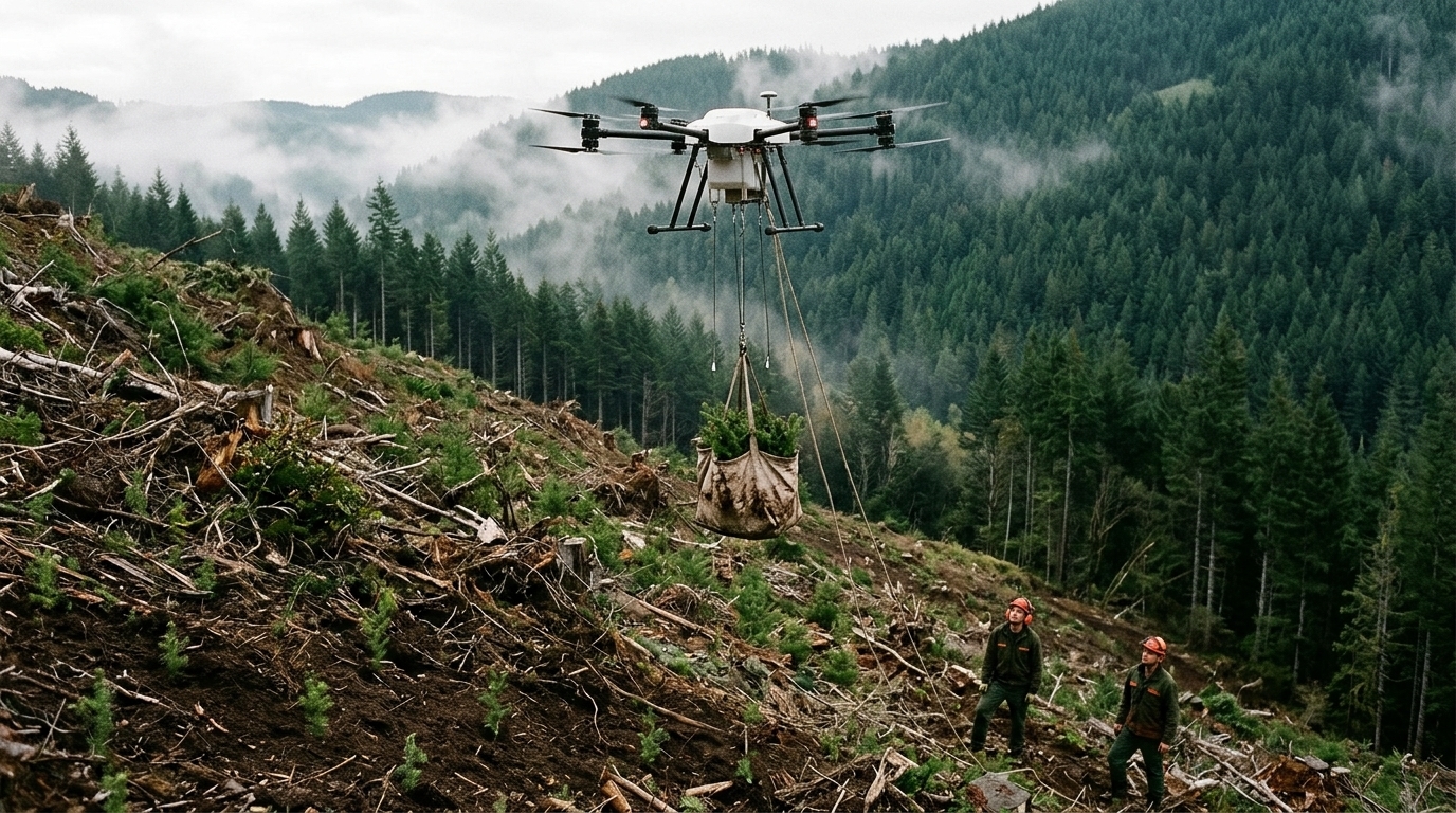 Drone forestier hexacoptère transportant un sac de plants au-dessus d’une coupe en pente