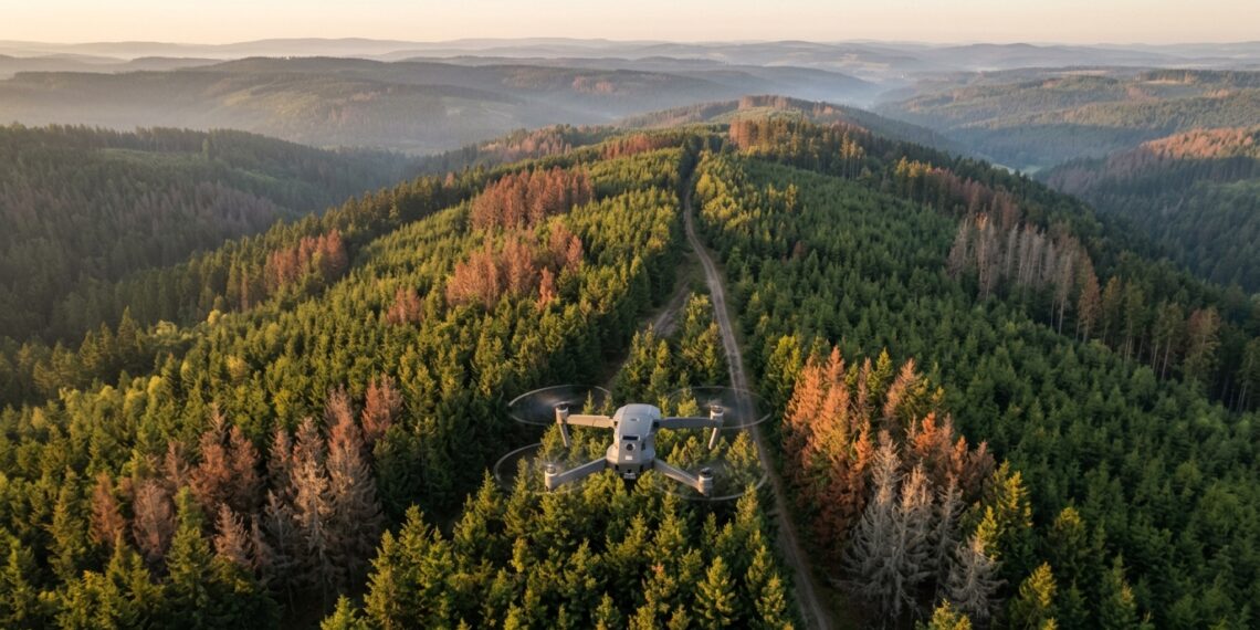Drone survolant une forêt d’épicéas touchée par les scolytes au lever du jour
