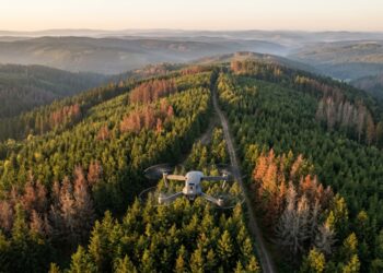 Drone survolant une forêt d’épicéas touchée par les scolytes au lever du jour
