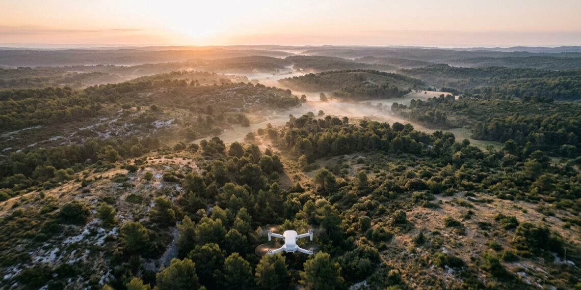 Vue aérienne d’une forêt de pins méditerranéens à l’aube, un petit drone blanc en vol au premier plan