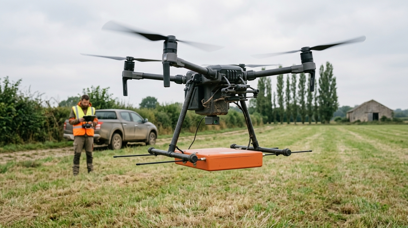 Drone géoradar en vol à environ un mètre au-dessus d’un champ, boîtier radar orange fixé sous le train d’atterrissage (illustration)