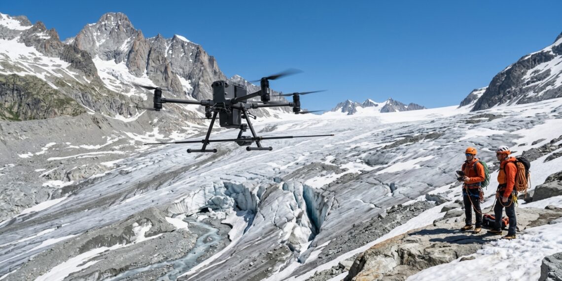 Drone équipé d’une antenne radar survolant un glacier alpin crevassé, deux alpinistes en veste orange au bord de la glace (illustration)
