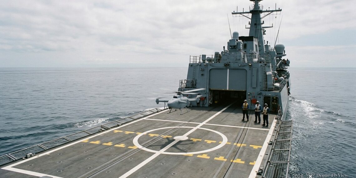 Drone hélicoptère à décollage vertical sur la plateforme arrière d’une frégate en mer, trois marins à distance