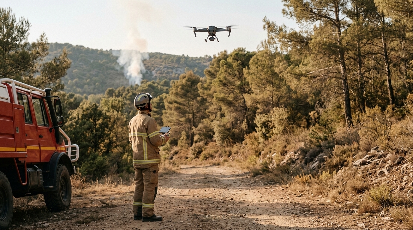 Drone incendie de forêt piloté par un sapeur-pompier sur une piste forestière, fumée d'un départ de feu au loin