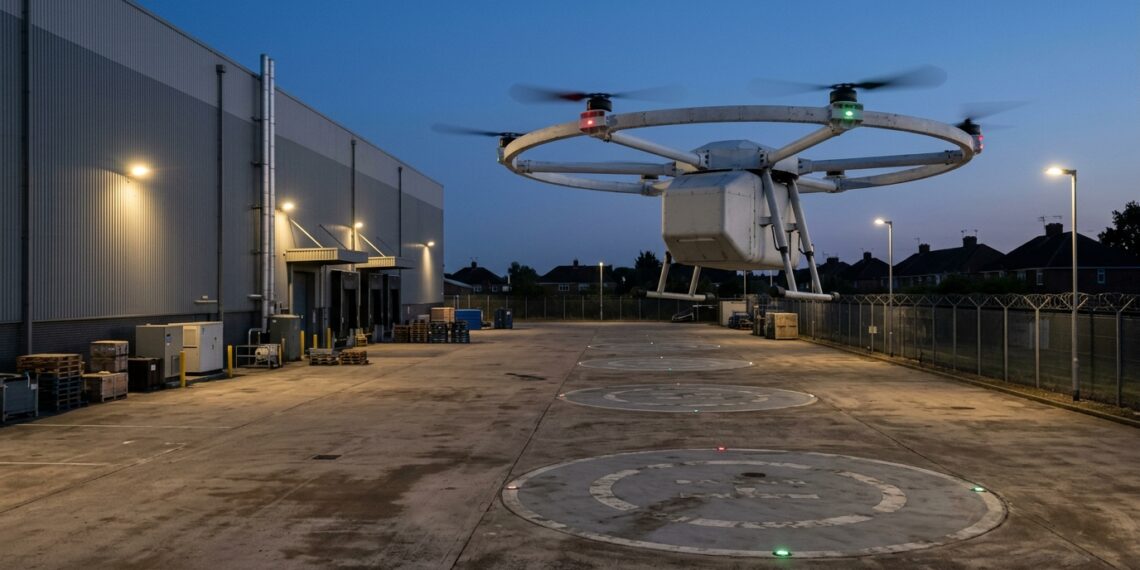 Drone de livraison décollant d’une aire derrière un entrepôt à la tombée de la nuit, maisons au fond