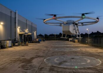 Drone de livraison décollant d’une aire derrière un entrepôt à la tombée de la nuit, maisons au fond