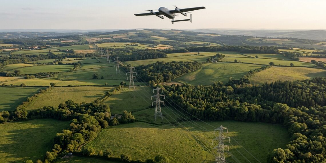 Drone à voilure fixe en vol au-dessus d’une ligne à haute tension traversant bocage et forêts