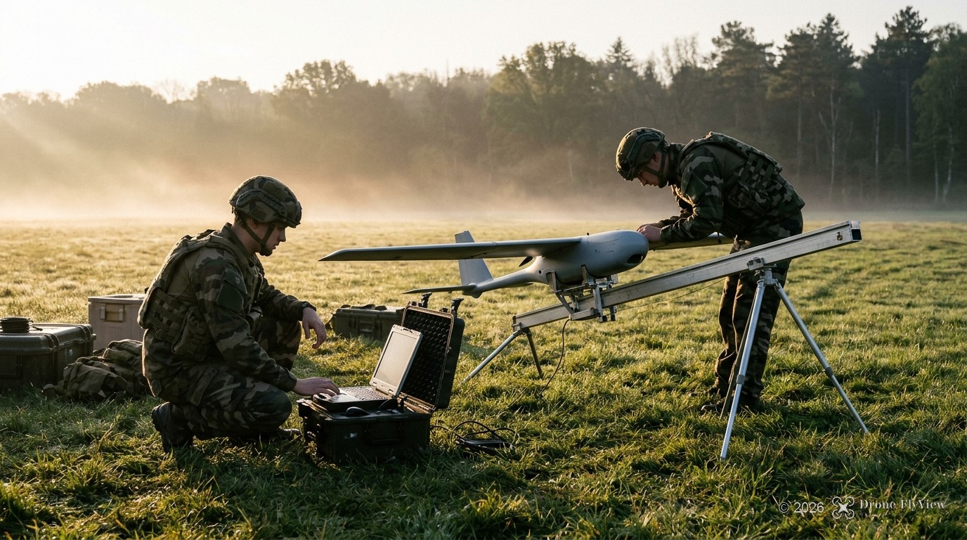Drone militaire français à voilure fixe préparé sur sa rampe de lancement par deux militaires, sur un terrain d’exercice