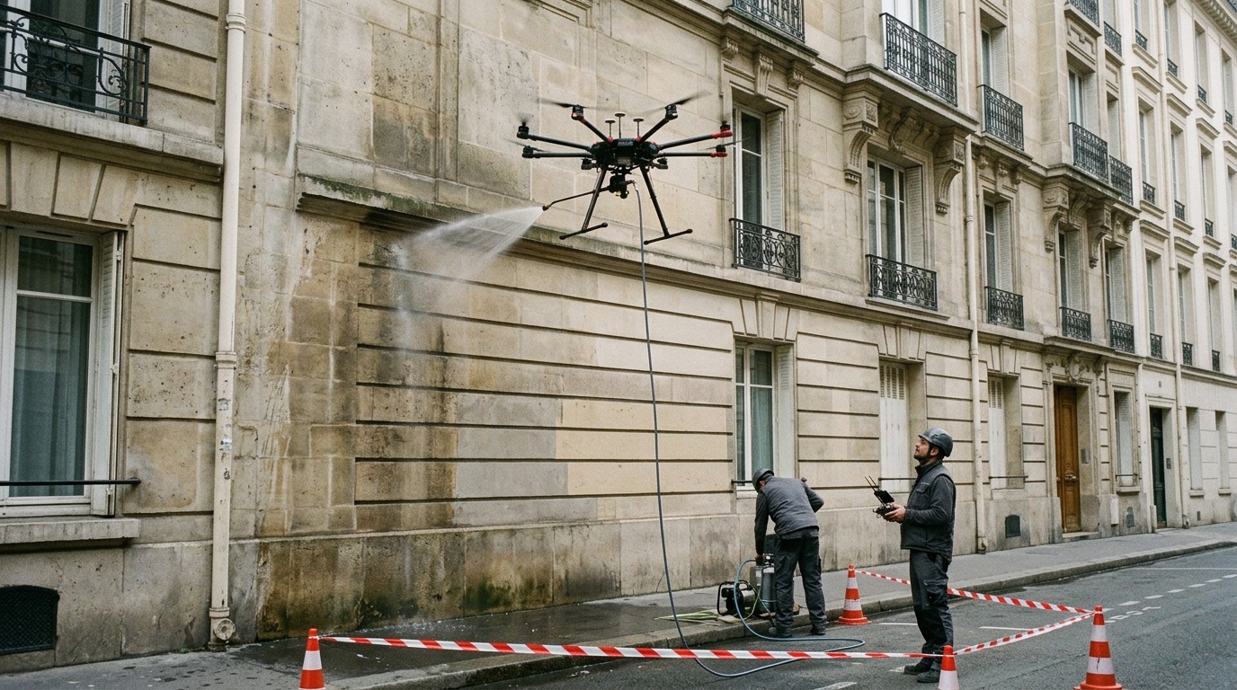 Drone nettoyage façade : hexacoptère relié à un tuyau qui projette de l'eau sur un immeuble en pierre, zone balisée au pied