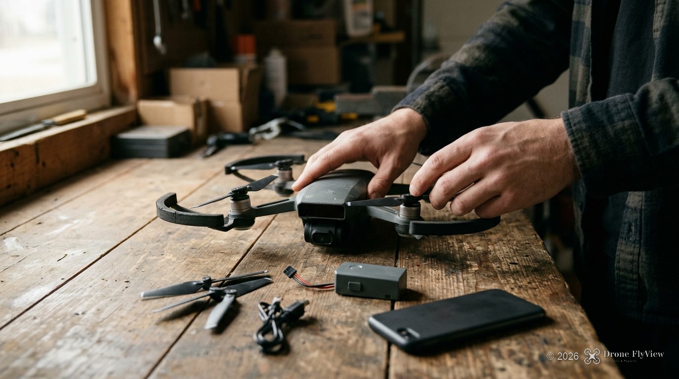 Ancien quadricoptère de loisir posé sur un établi en bois, avec hélices de rechange, batterie et smartphone, pendant sa remise en état