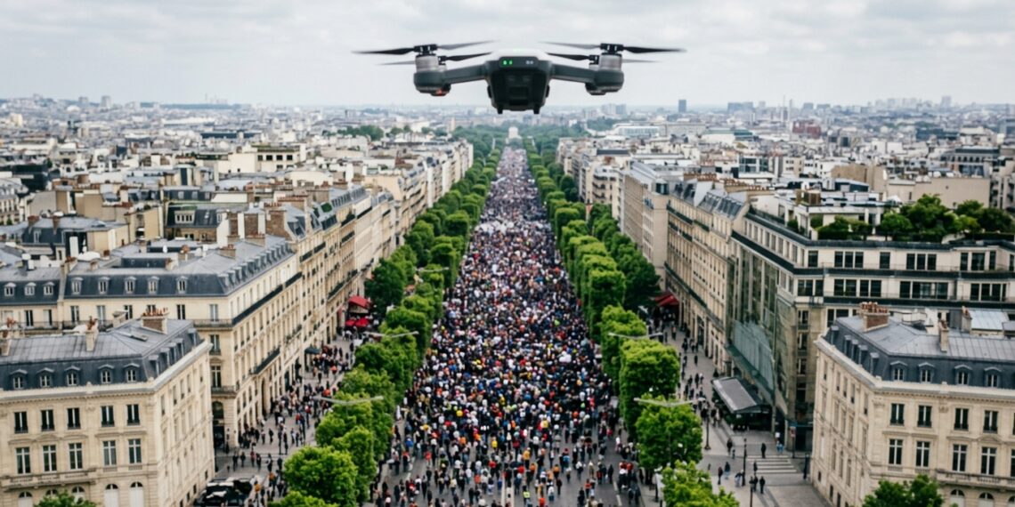 Drone police France : quadricoptère de surveillance au-dessus d’une ville française (illustration)