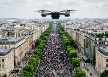 Drone police France : quadricoptère de surveillance au-dessus d’une ville française (illustration)