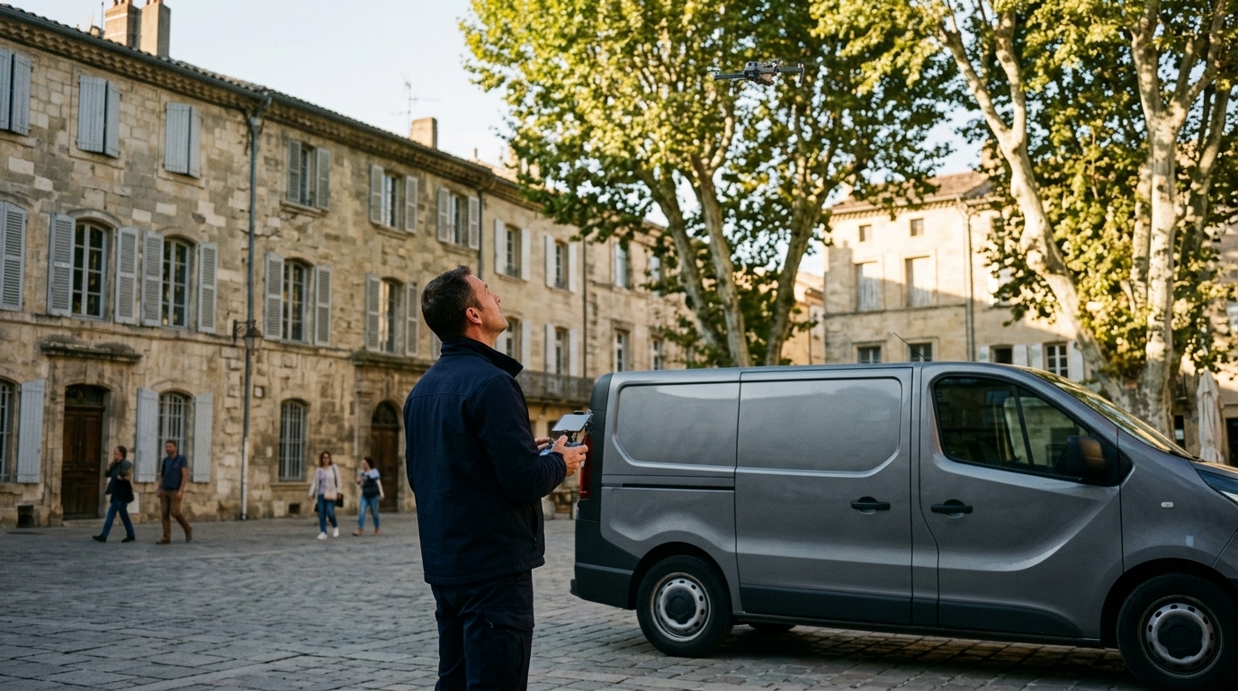 Drone police France : un télépilote en tenue sombre guide un petit quadricoptère au-dessus d’une place de centre-ville (illustration)