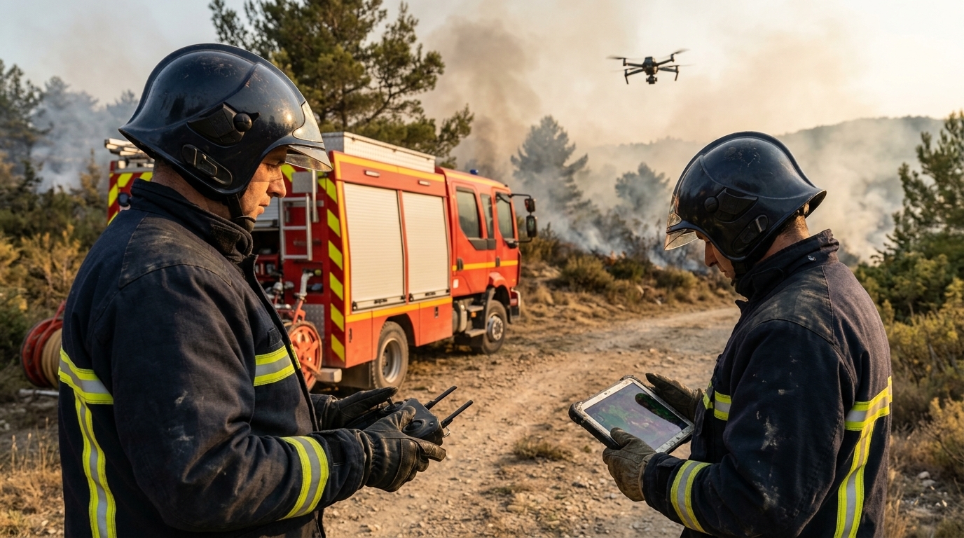 Drone pompiers en vol de reconnaissance au-dessus d’un feu de végétation, deux sapeurs-pompiers avec radiocommande et tablette au premier plan