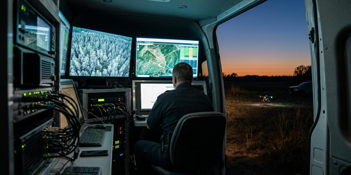 Poste de commandement mobile au crépuscule recevant la vidéo en direct d’un drone de secours