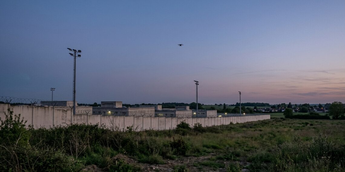 Drone prison : mur d’enceinte d’un établissement pénitentiaire au crépuscule, silhouette lointaine d’un petit drone dans le ciel (illustration)