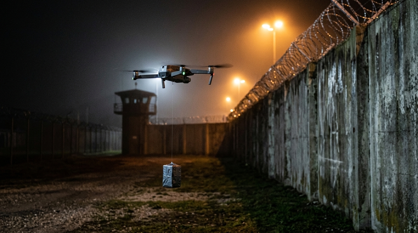 Drone prison : un petit quadricoptère portant un paquet suspendu vole de nuit le long du mur d’enceinte d’un établissement pénitentiaire (illustration)