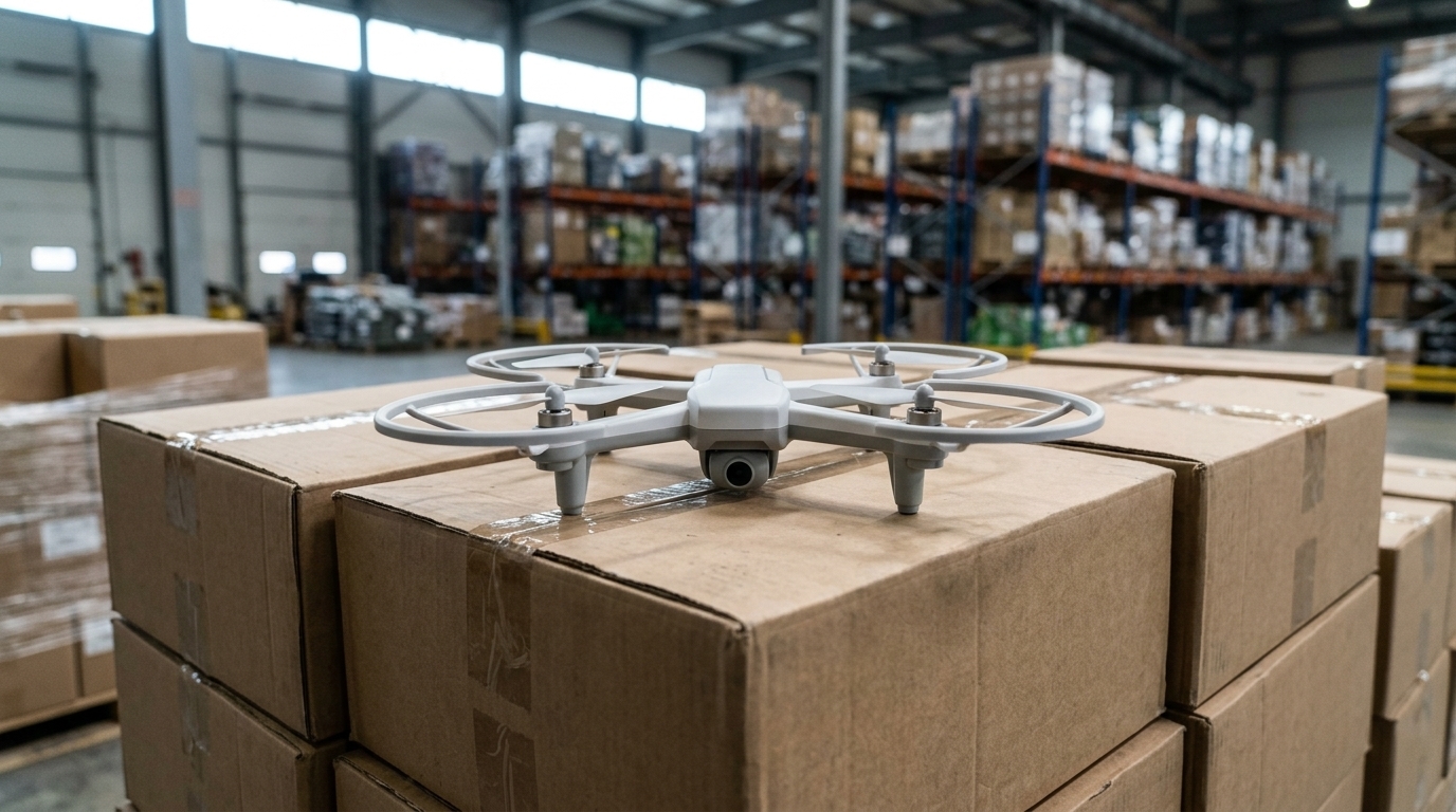 Drone quadrirotor posé sur des cartons d'expédition dans un entrepôt, illustration du dossier DJI interdit aux États-Unis