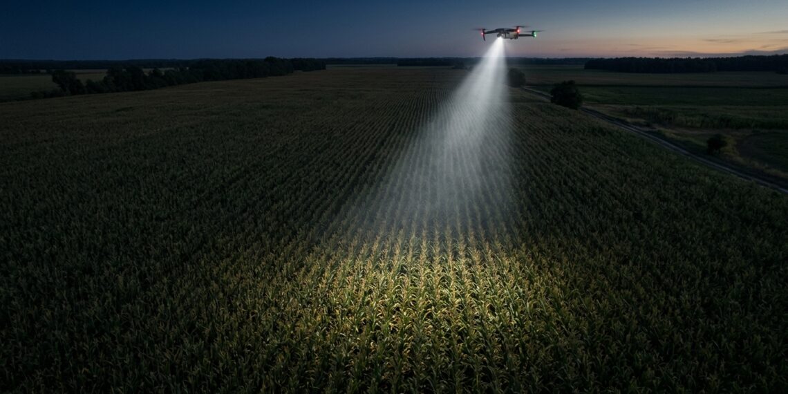 Drone muni d'un projecteur survolant un champ de maïs au crépuscule pendant une recherche (illustration)