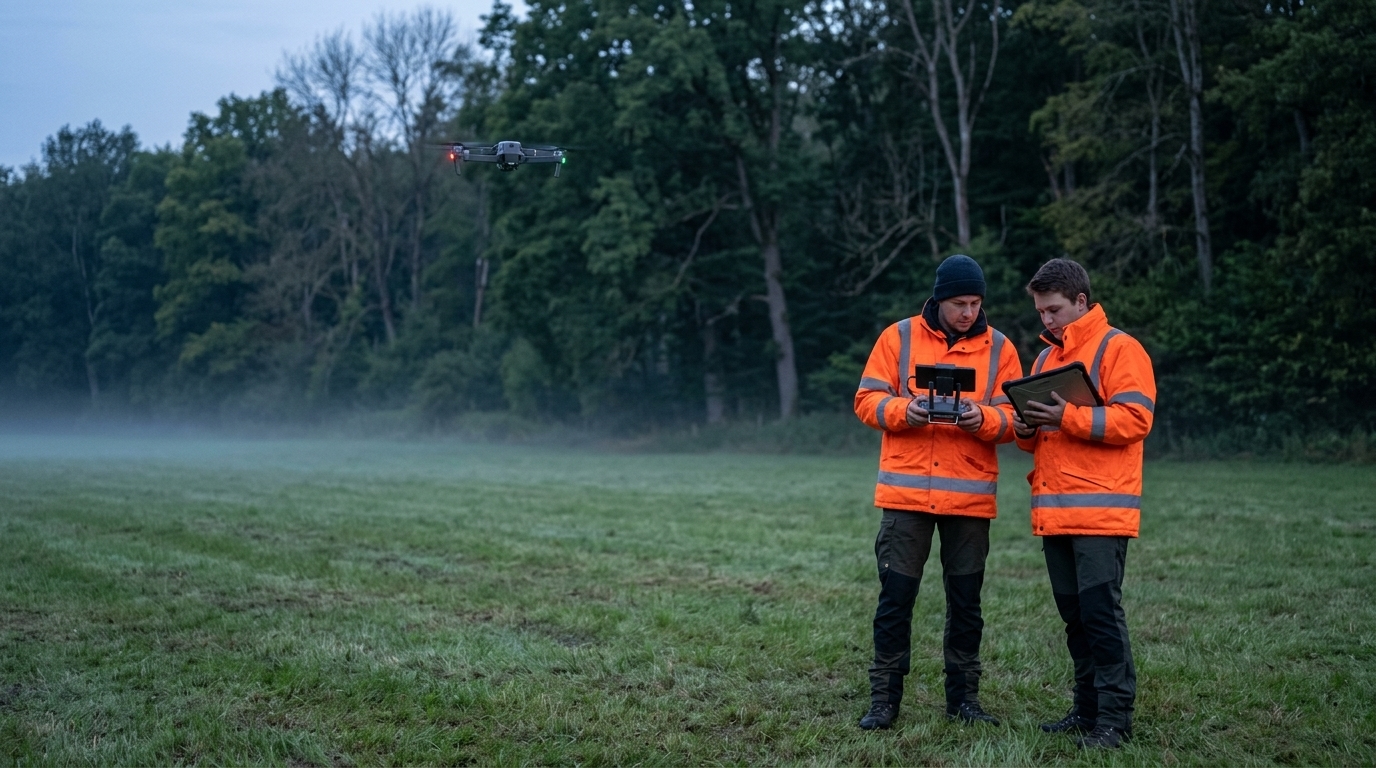 Drone de recherche et sauvetage en vol au crépuscule près d’une lisière de forêt, deux secouristes en veste orange suivent l’image sur une radiocommande et une tablette (illustration)