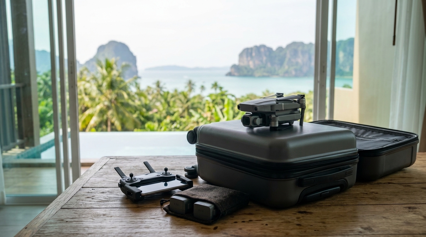 Valise ouverte avec un drone pliable et ses batteries avant un départ, préparation du dossier drone Thaïlande