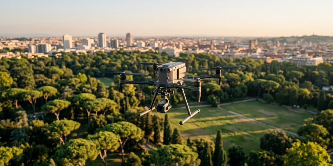 Drone professionnel en vol au-dessus d'un parc, illustration du salon DRONExpo Madrid