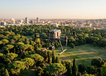 Drone professionnel en vol au-dessus d'un parc, illustration du salon DRONExpo Madrid