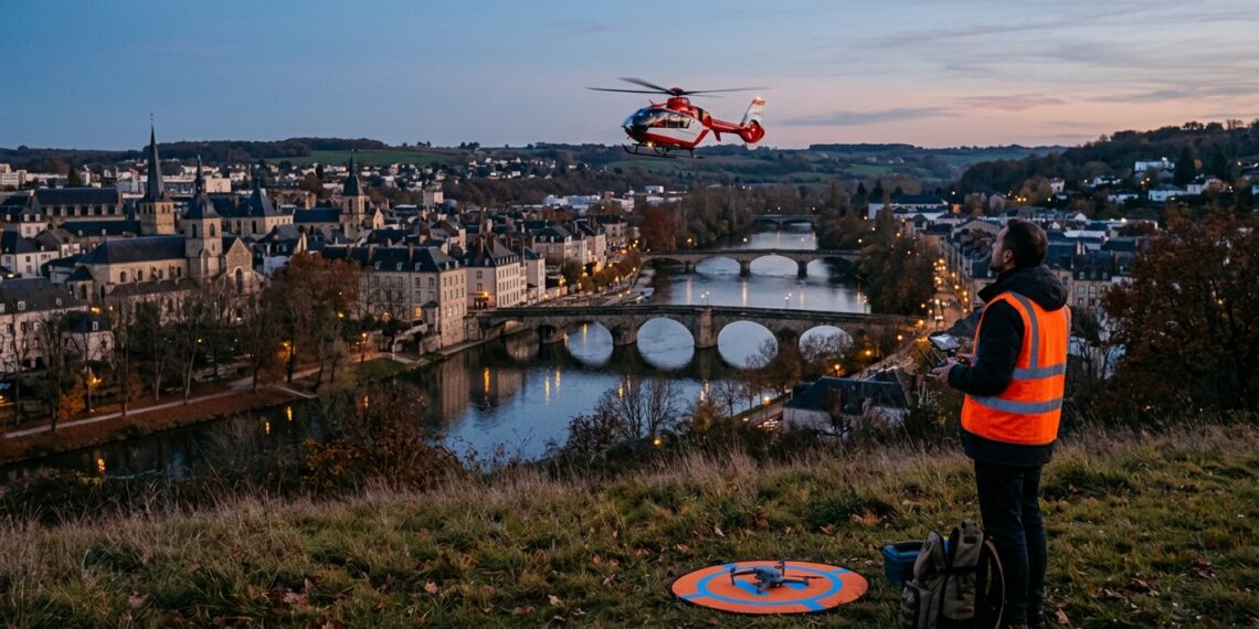 Télépilote au crépuscule observant un hélicoptère au-dessus d'une ville, illustration du salon European Rotors à Lyon