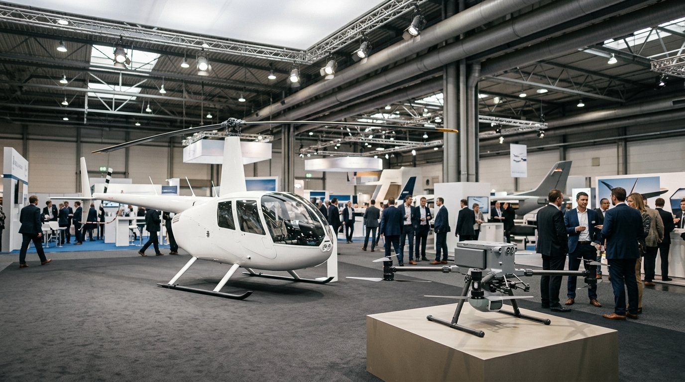 Hall d’exposition d’European Rotors Lyon avec un hélicoptère et un drone professionnel exposés côte à côte