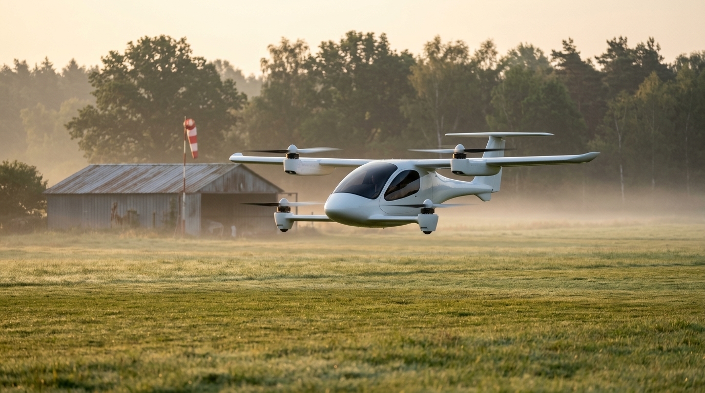 eVTOL biplace à ailes et rotors électriques en vol stationnaire au-dessus d’un petit aérodrome au lever du jour (illustration)