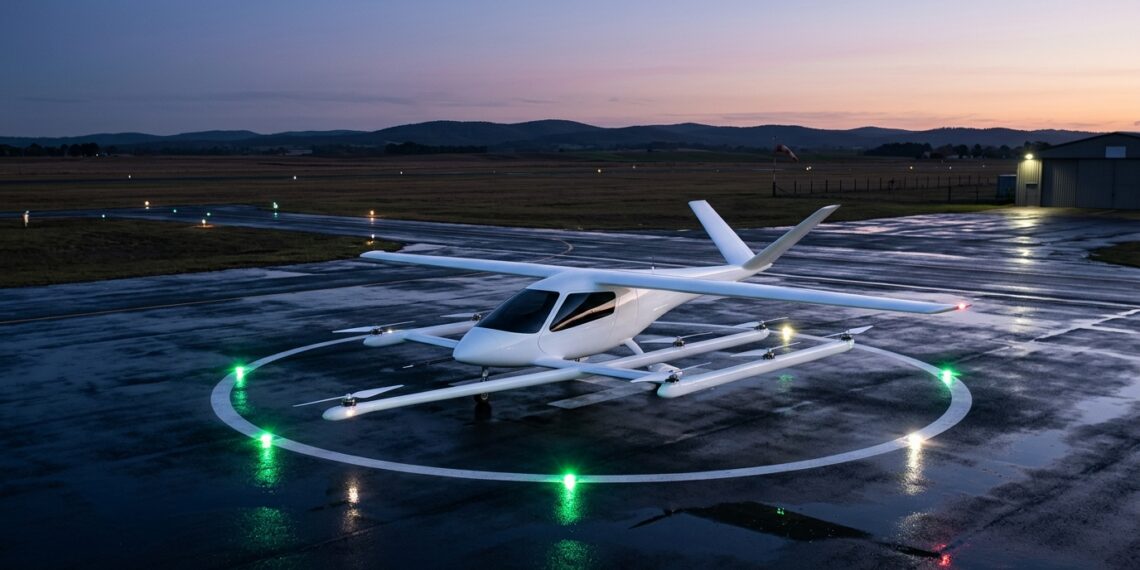 eVTOL biplace à ailes et rotors électriques posé sur une aire d'atterrissage d'aérodrome au crépuscule (illustration)