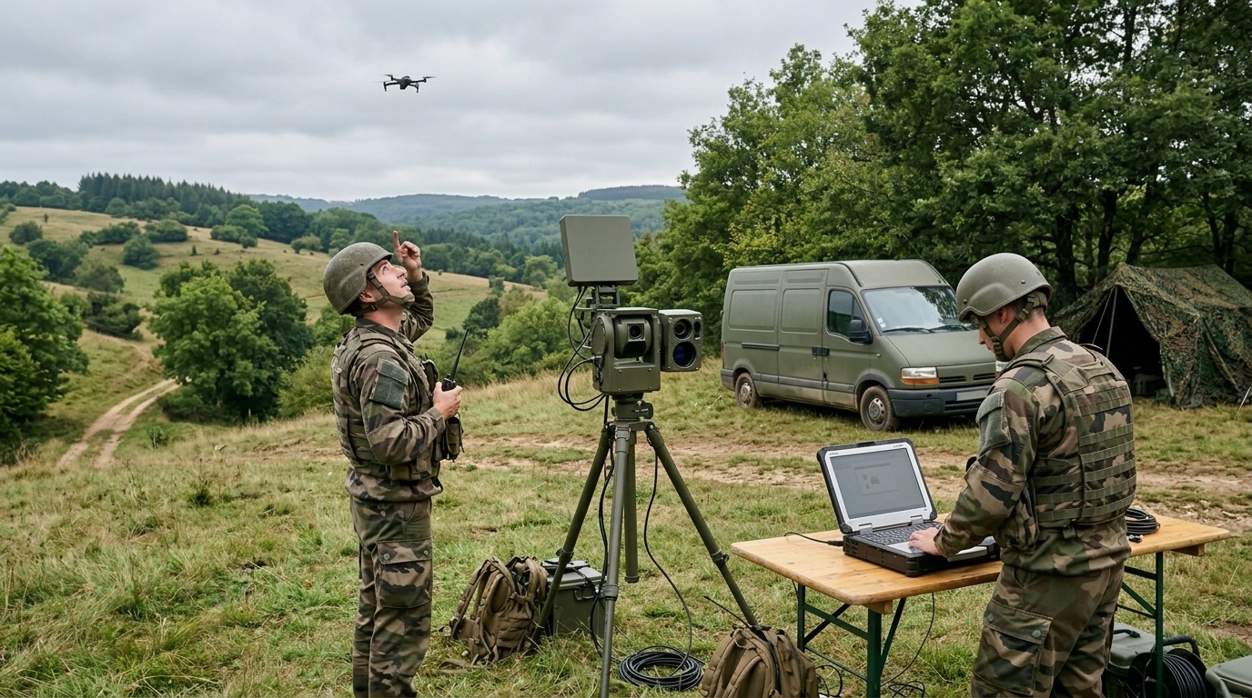 Militaires surveillant un petit drone pendant l'exercice XLAD26 de lutte anti-drone